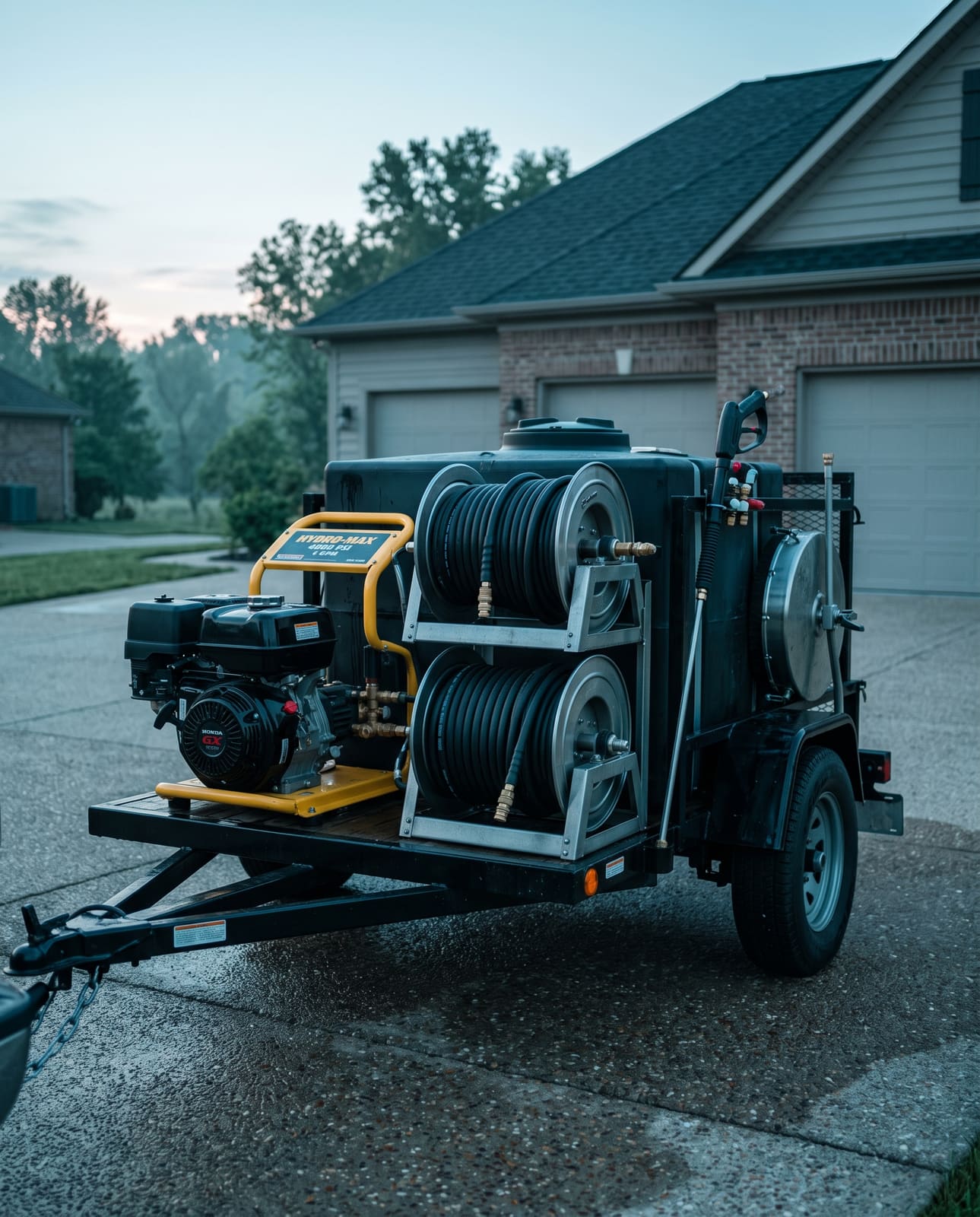 Pressure washing equipment rig parked in a driveway at dawn