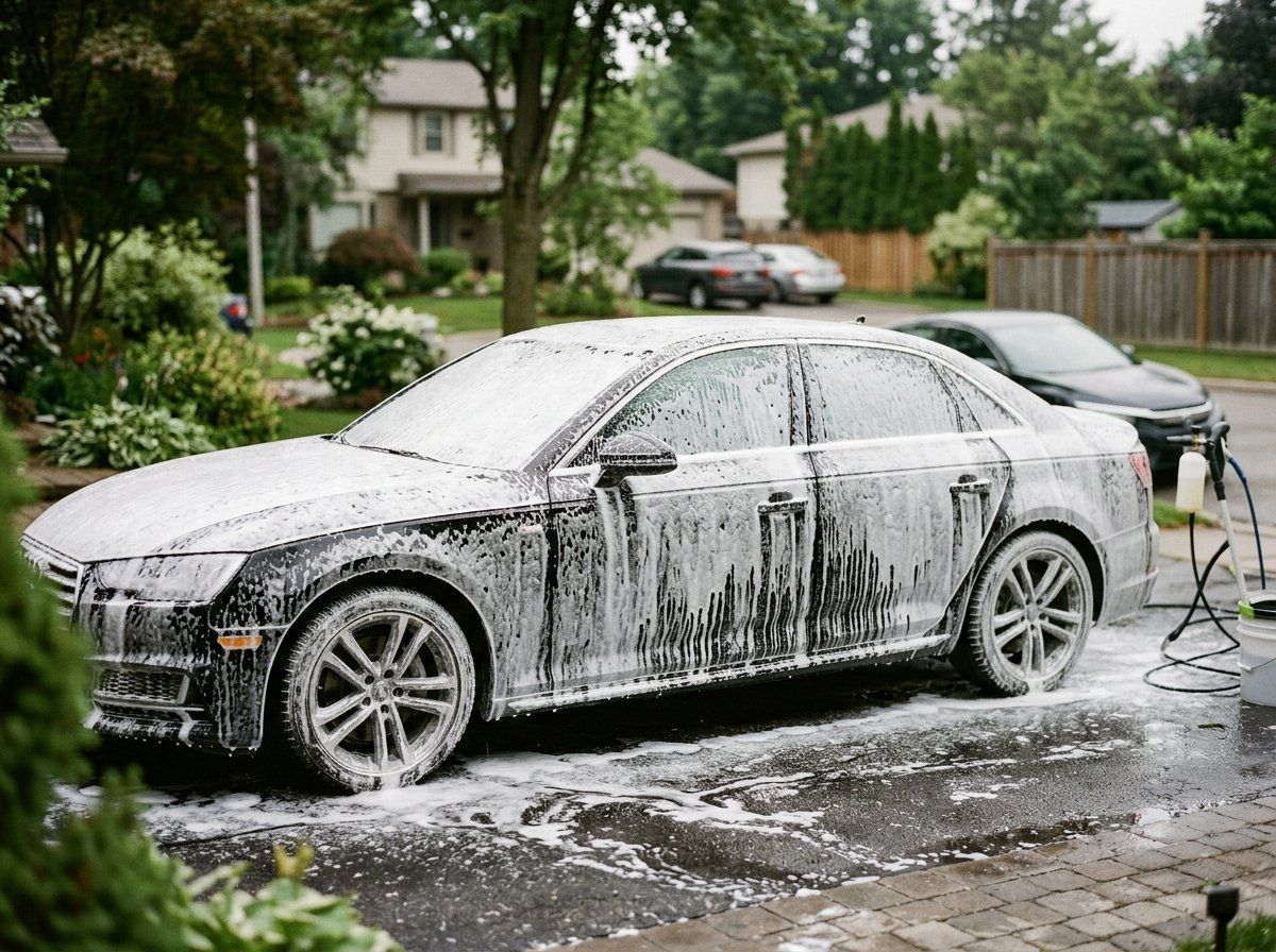 Sedan covered in thick foam during an exterior wash