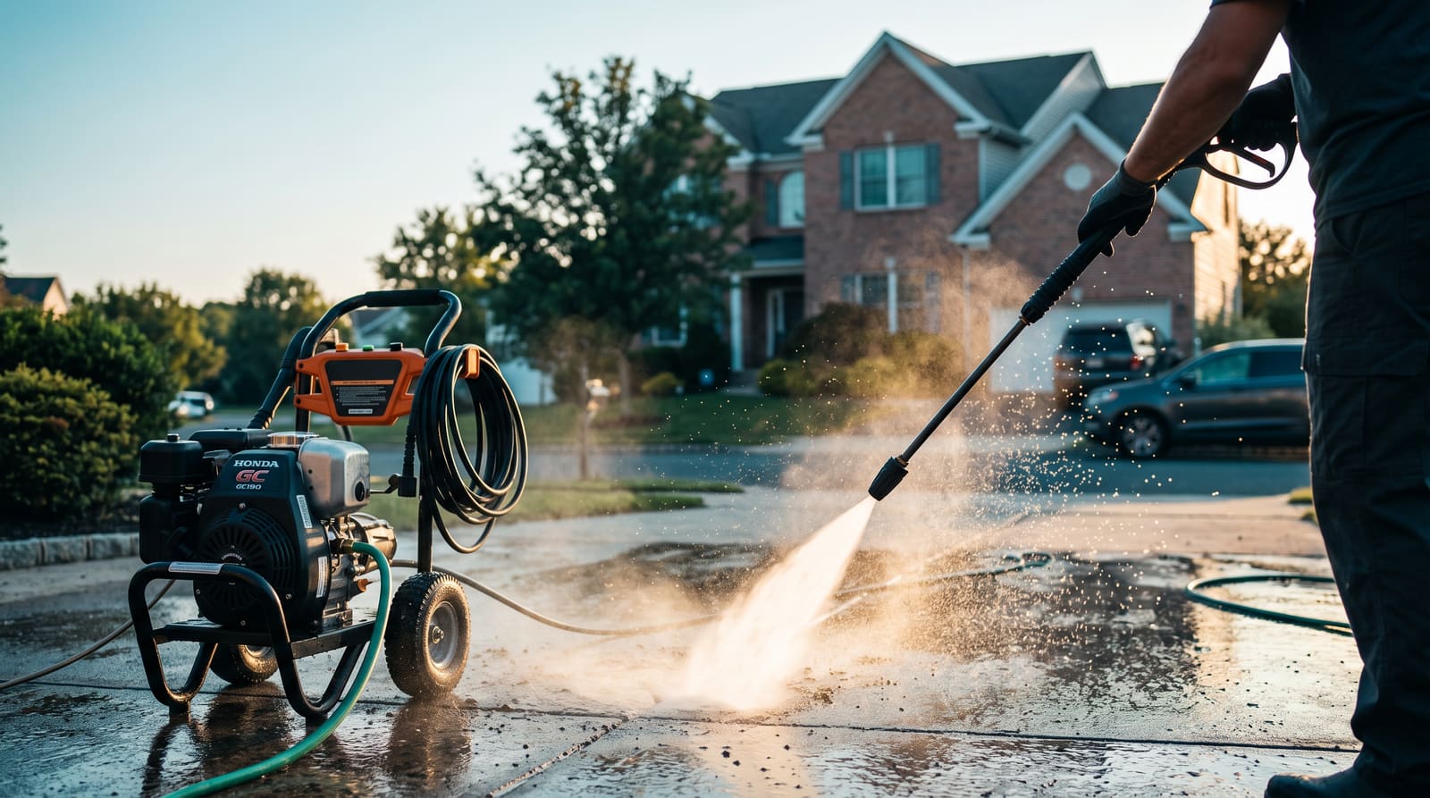 Pressure washing wand spraying a driveway clean