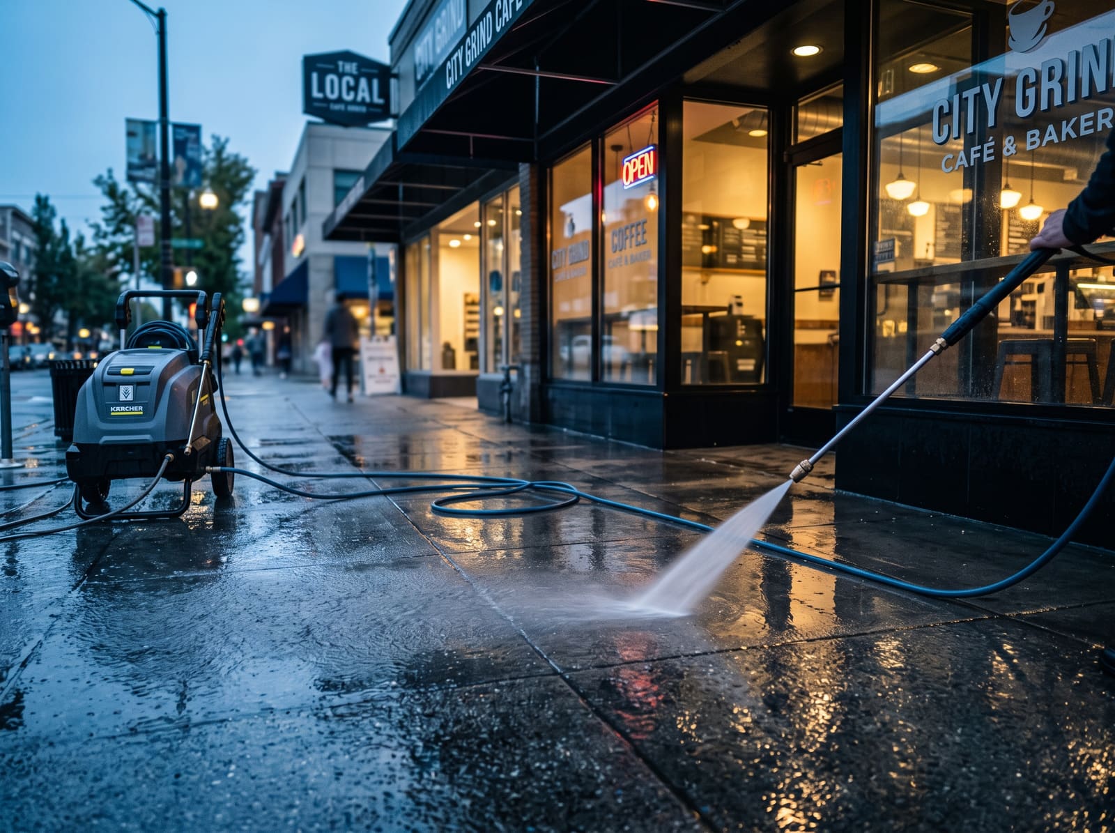 Commercial storefront sidewalk being pressure washed