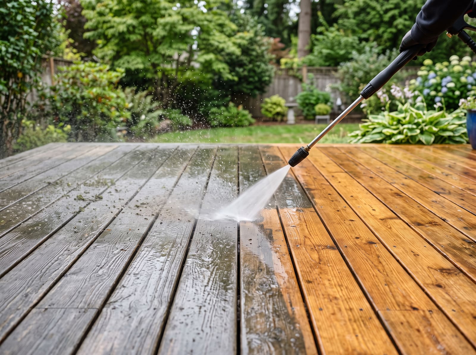 Wood deck being pressure washed