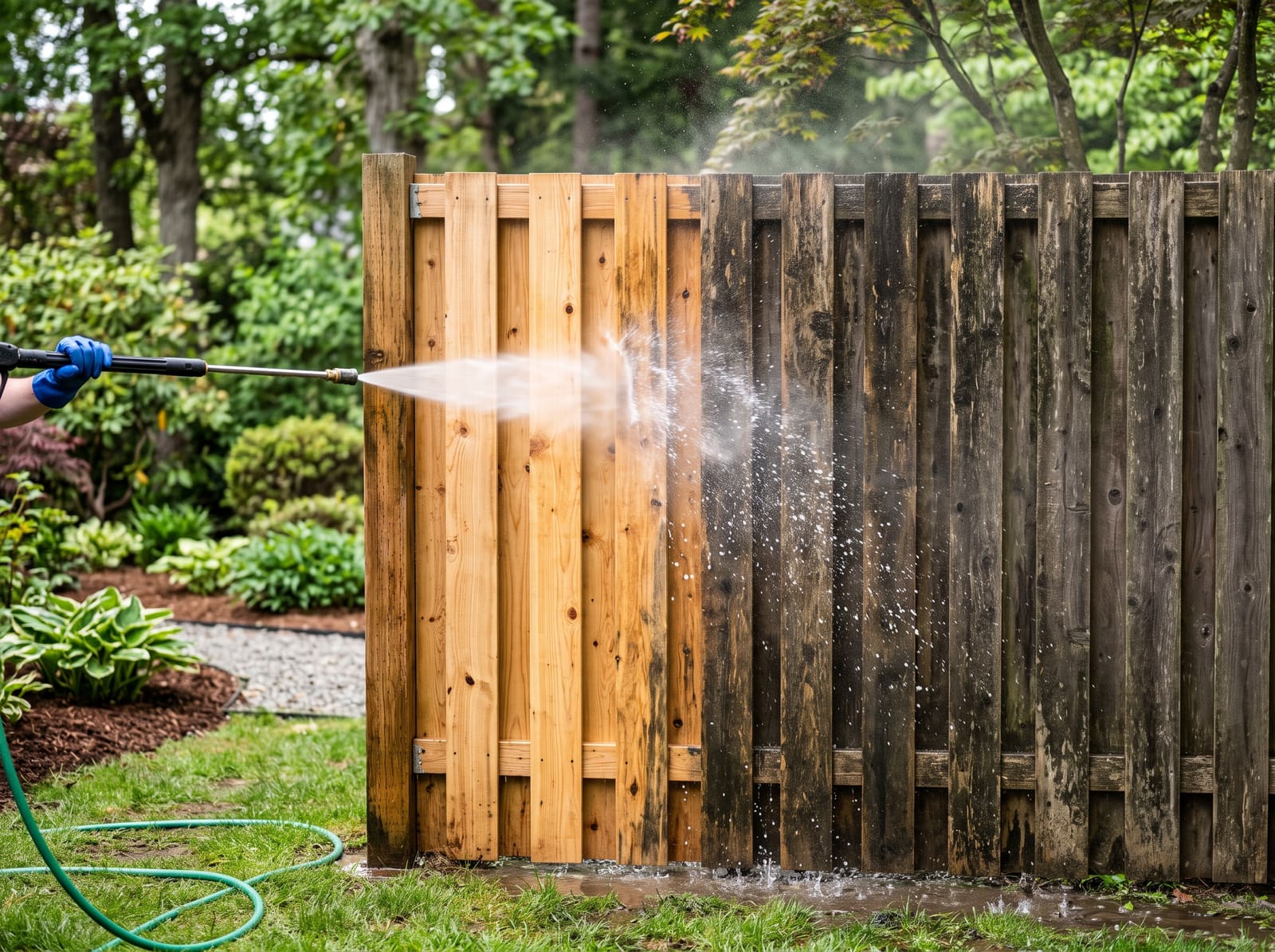 Fence before and after pressure washing