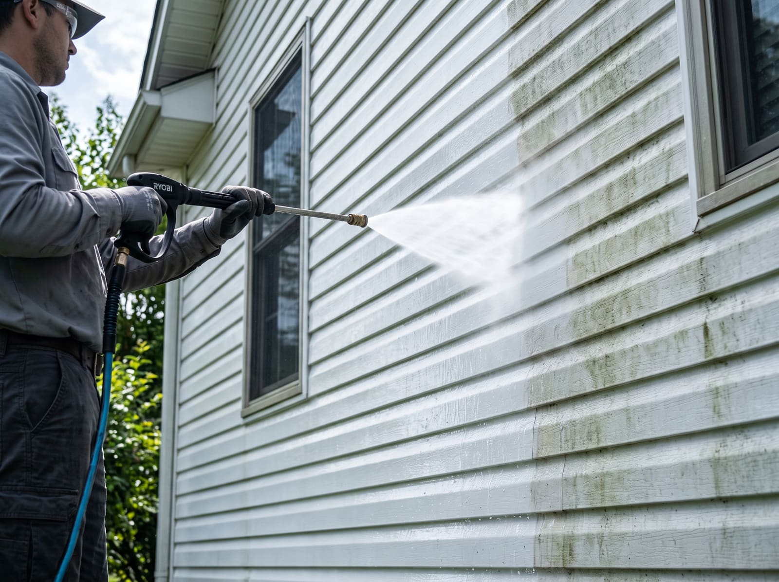 House siding being pressure washed